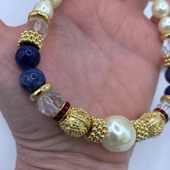 Alex Nicole For 1928 Pearl Lapis Gold Tone Red Necklace Clip On Earrings Set Vtg - Picture 7 of 10